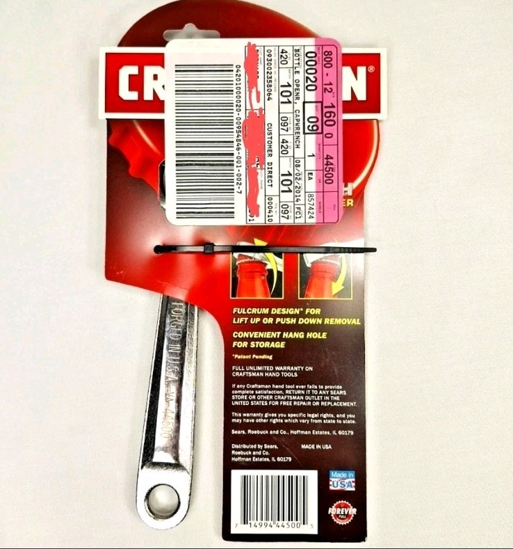 SEARS Craftsman Bottle Cap Wrench Bottle Opener 9 44500 USA Made New NOS 2014