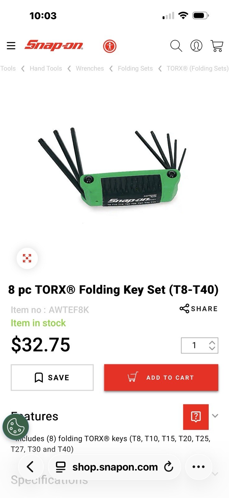 Snap-on Folding Hex & Torx Key Set Organizing Tray. (tools Not Included).
