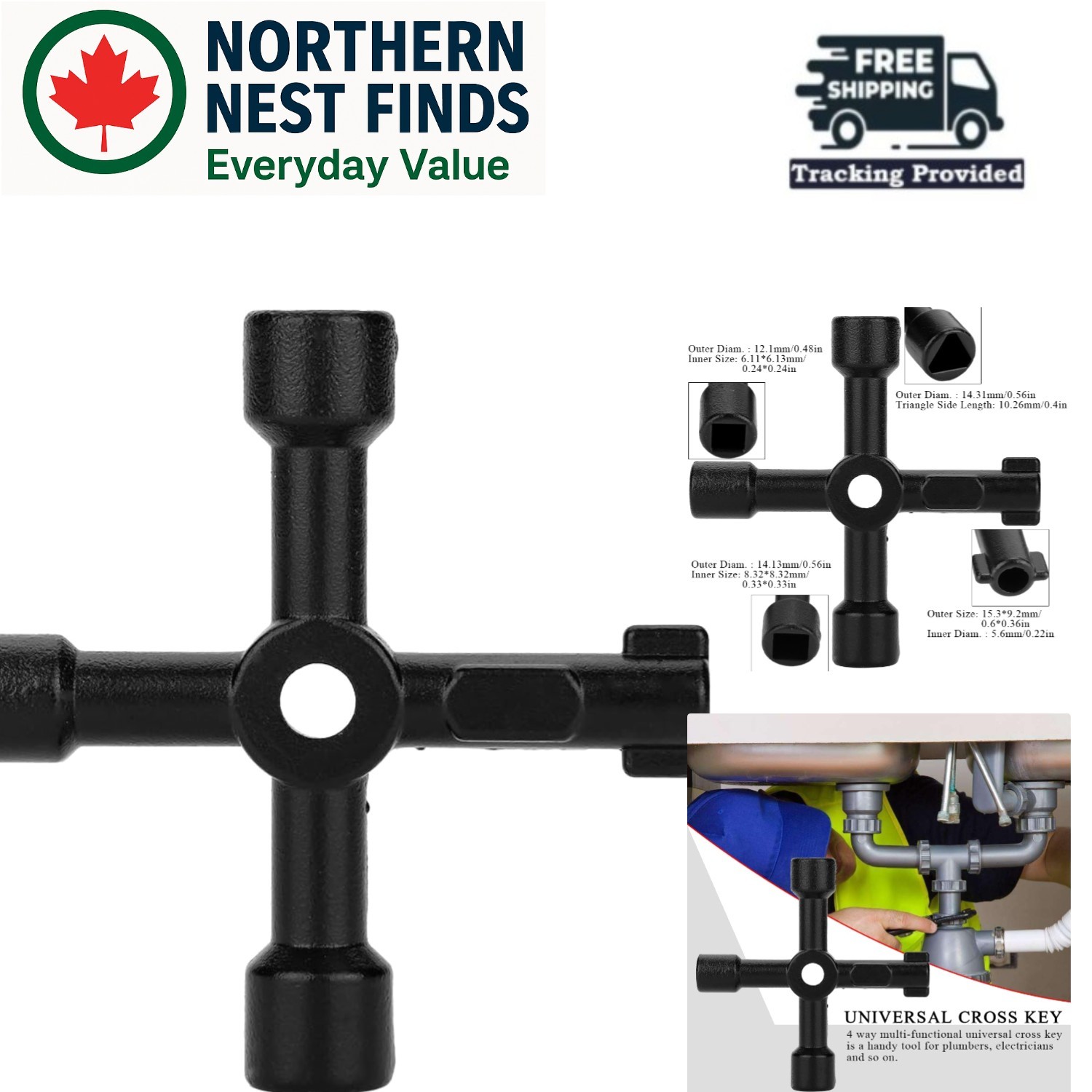 Black Universal 4-Way Zinc Alloy Cross Key for Electric & Gas Access Tools