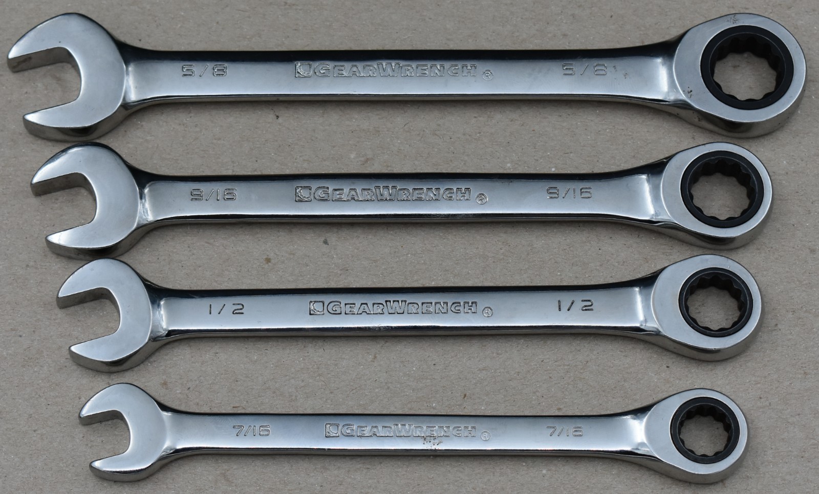 GEARWRENCH TOOLS, 7/16″, 1/2″, 9/16″, 5/8″ SAE, 12-PT RATCHETING WRENCH SET