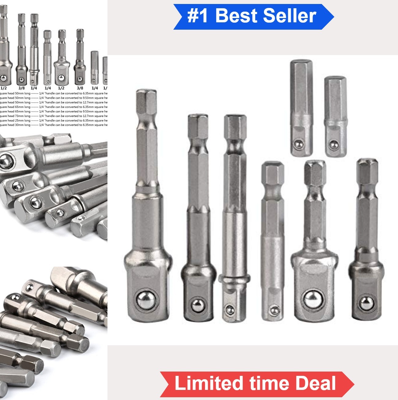 Impact Driver Socket Adapter Set 8 Piece 1/4 3/8 1/2 Inch Hex Shank Square Bit