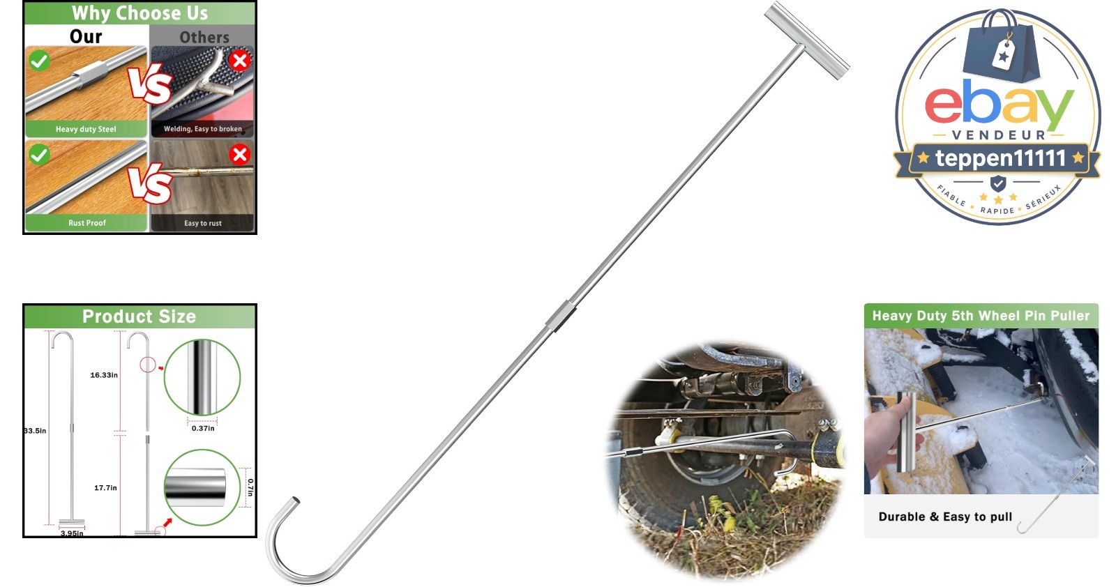 5th Wheel Puller Heavy Duty Solid Steel Chrome Plated Pin Puller