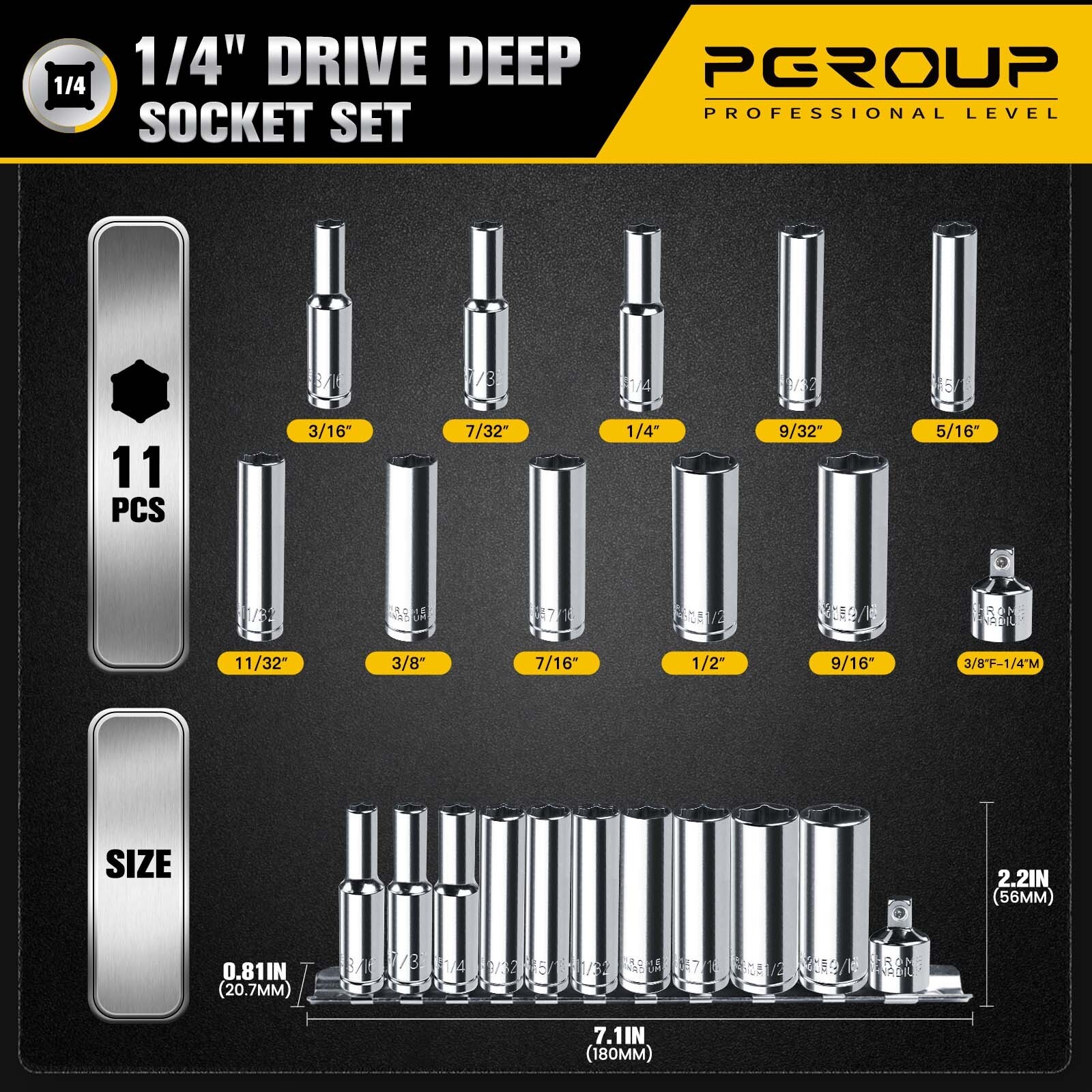 11Pcs 1/4inch Drive SAE Socket Set,3/16”-9/16” Most Commonly Sizes Cr-V Steel