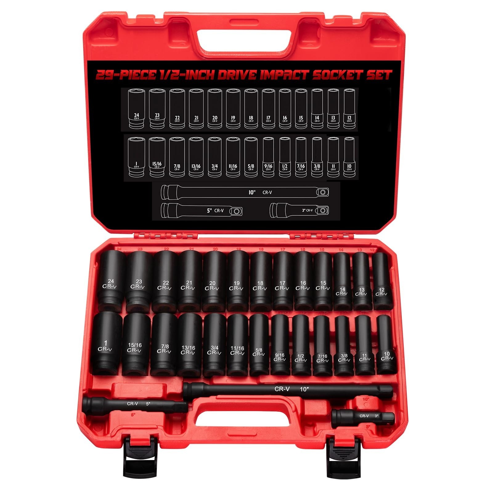 29-Piece 1/2″ Drive Impact Socket Set, Deep SAE & Metric Sockets with Extension