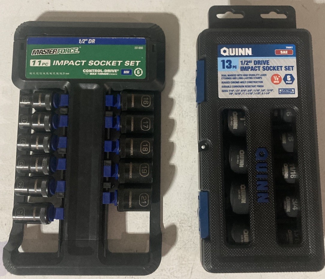 Metric + SAE Shallow 1/2” Impact Socket Set Masterforce/Quinn. Mixed Used + New.