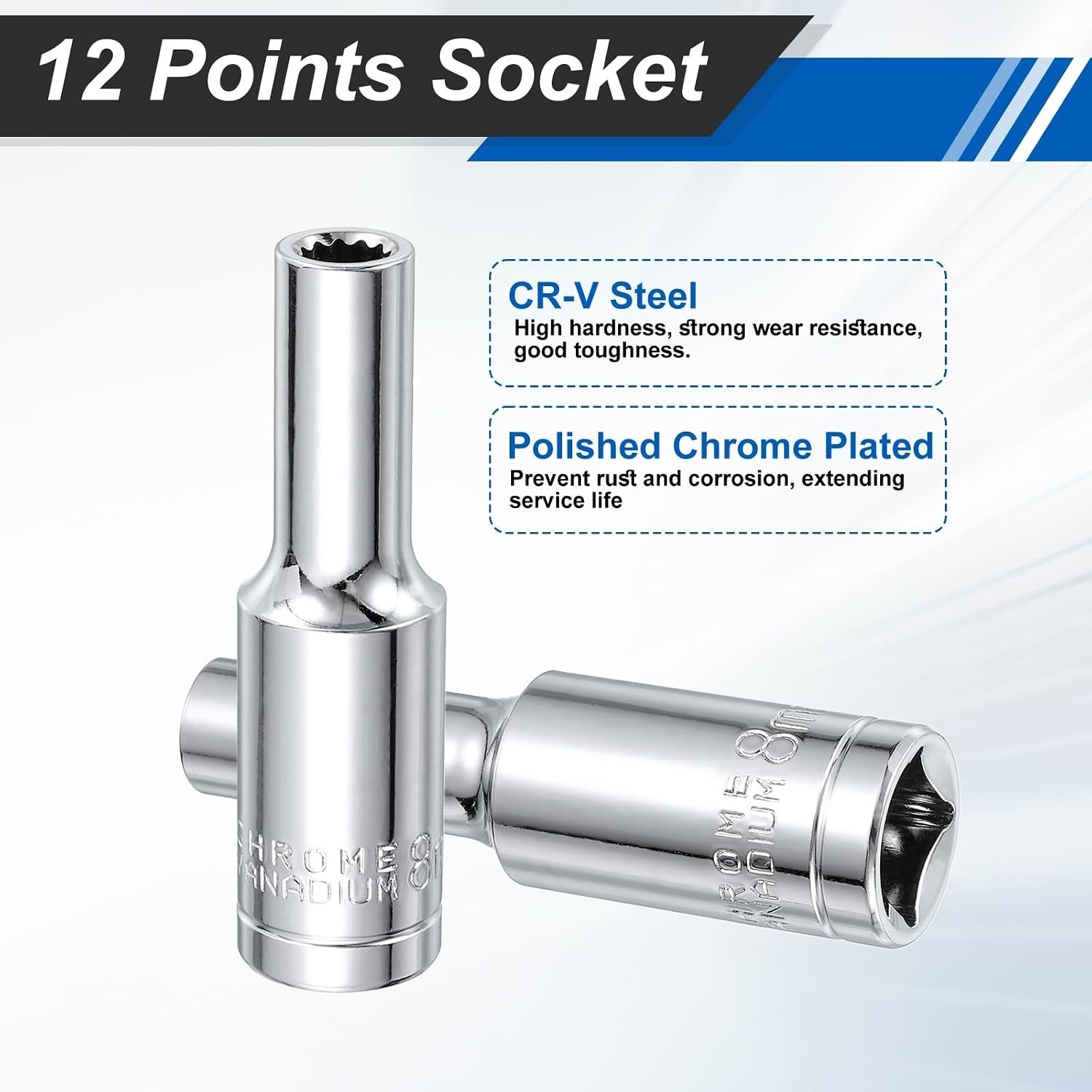 2pcs 12 Points Socket 1/2″ Drive 8mm Metric Deep Impact Socket Cr-V Steel Chr…