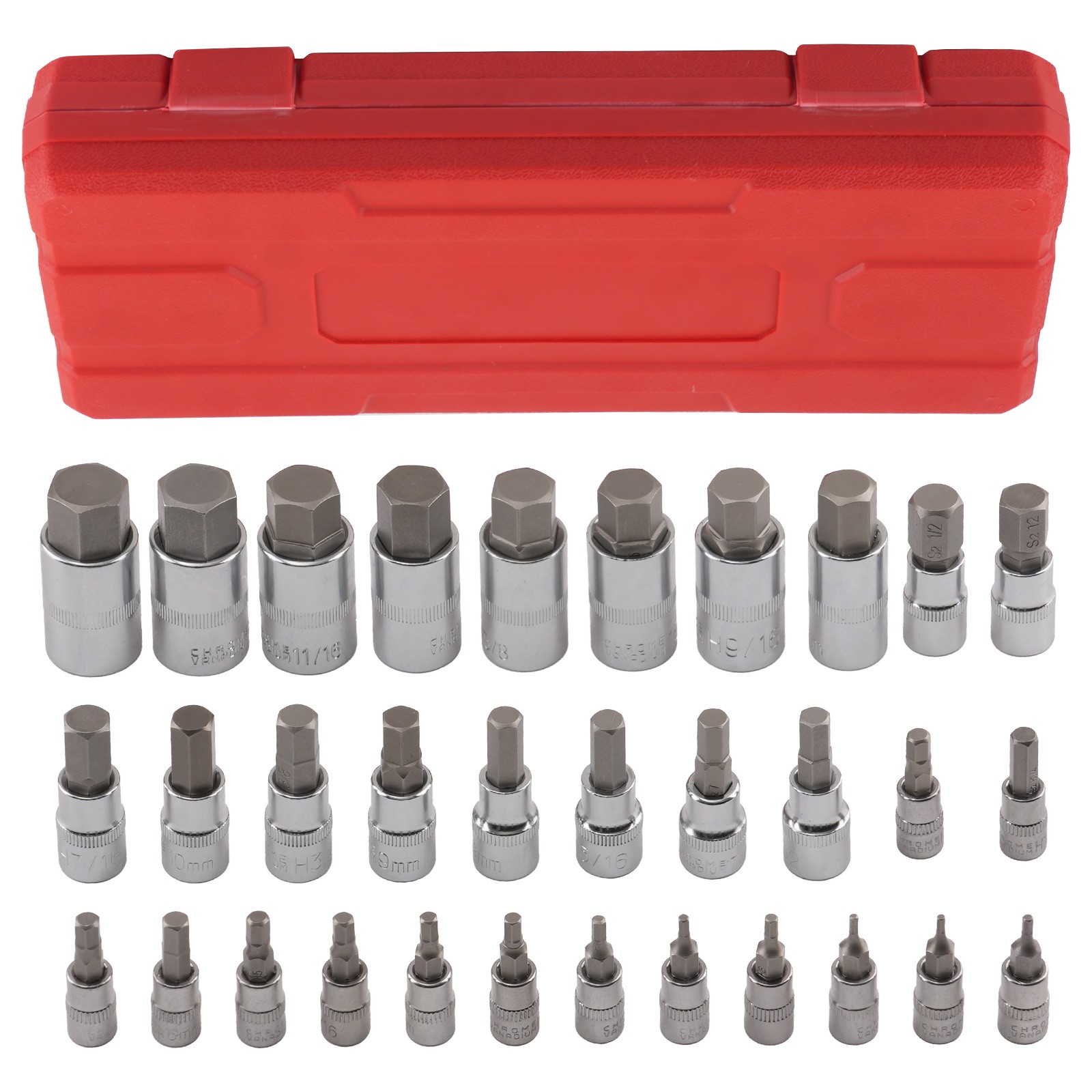32pc Hex Socket Bit Set 1/4 3/8 1/2 Drive Metric Imperial Chrome S2