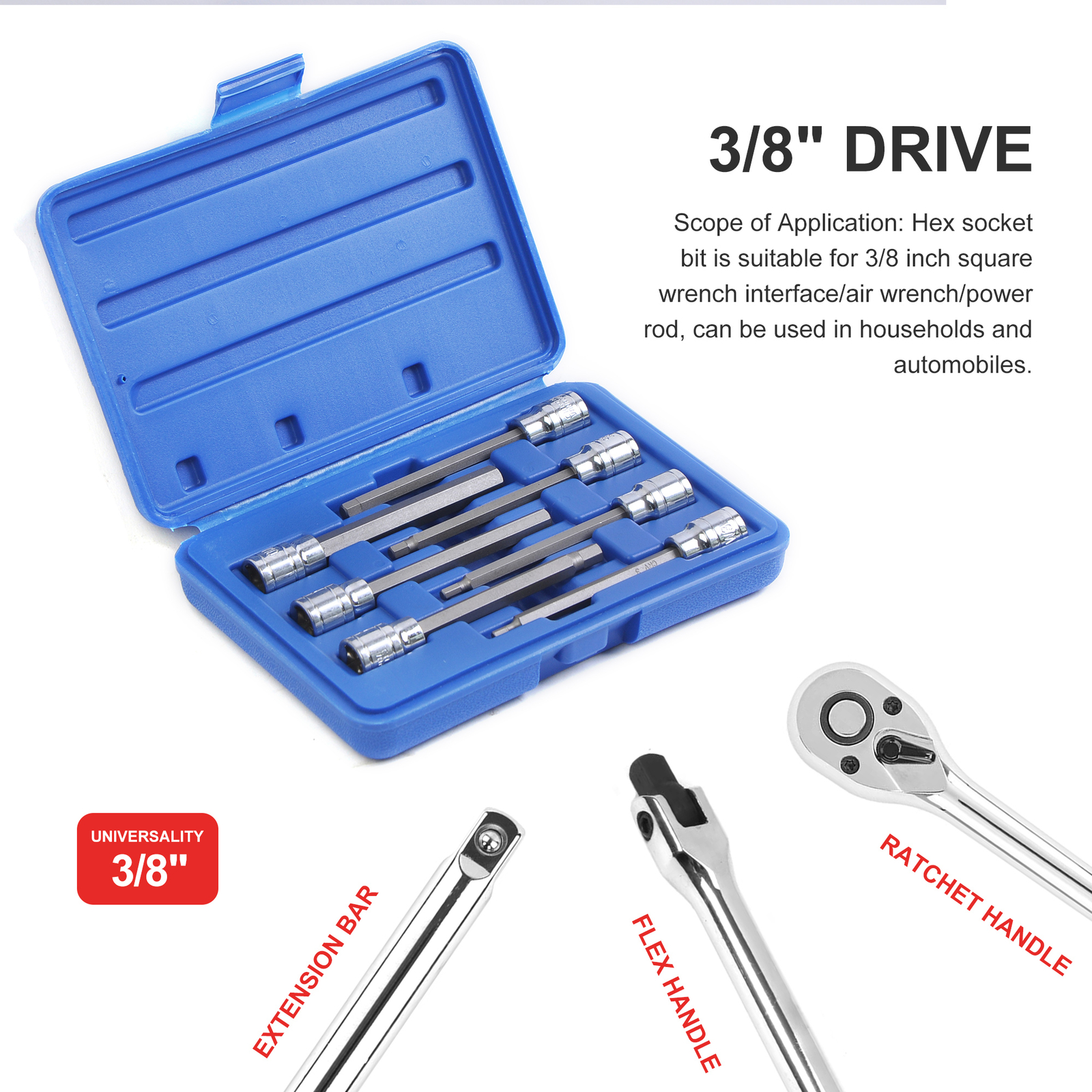 7Pcs 3/8″ Dr Extra Long Allen Hex Bit Socket Set, Metric 3-10mm, S2 & Cr-V Steel