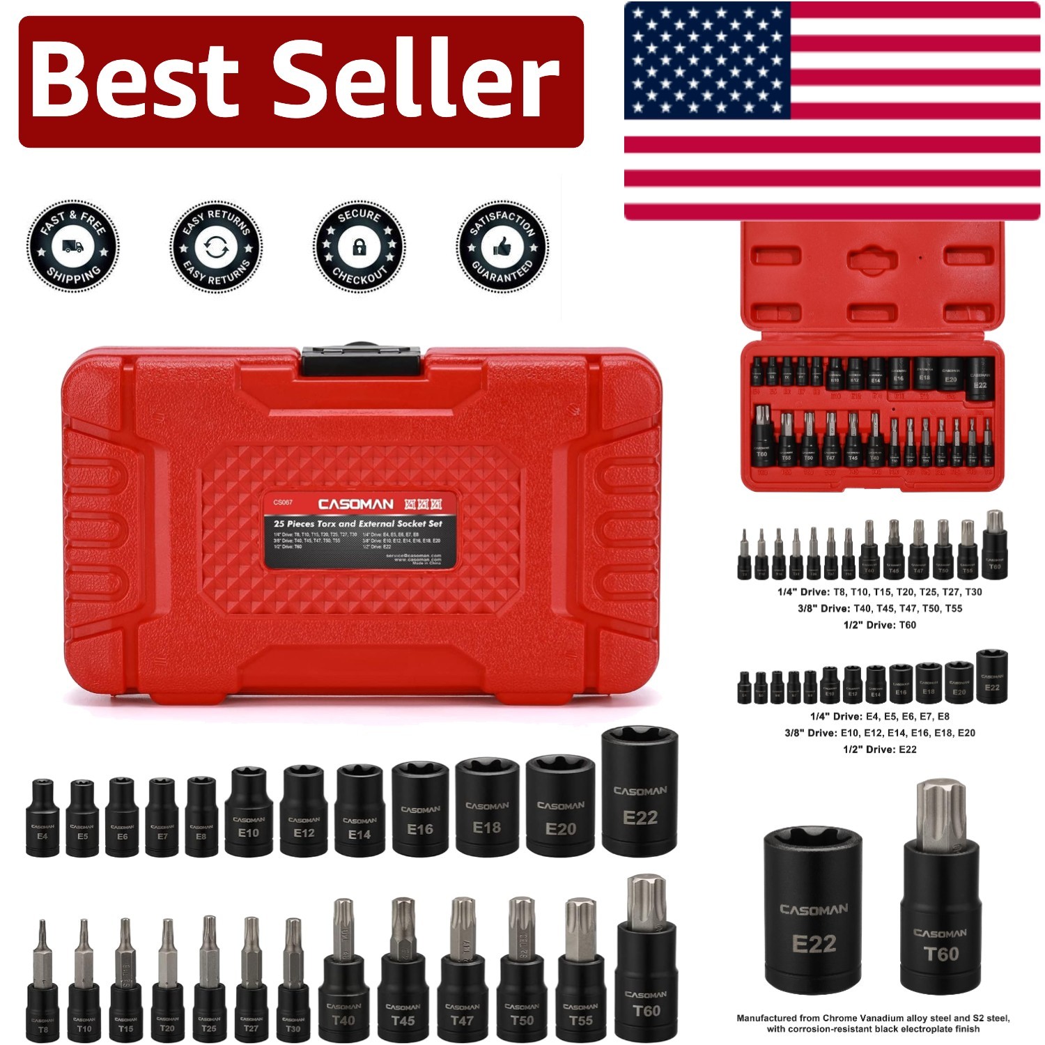 Heavy-Duty 25-Piece Torx, Star Socket and E-Torx Set – ANSI Standards Compliant