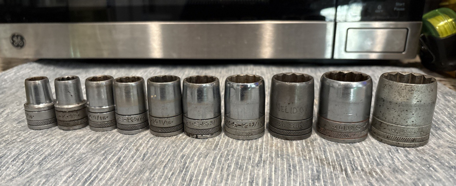 Vintage Knurled S-K (SK) Socket Lot – 1/2 Drive SAE 10 PCs – 7/16” to 1 1/16”