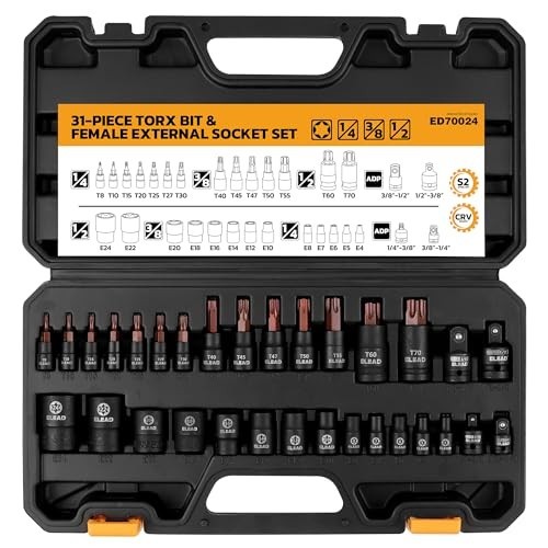 31-Piece Torx Bit Socket Set – 14 Star Bits T8-T70 & 13 E-Torx Sockets E4-E24, C