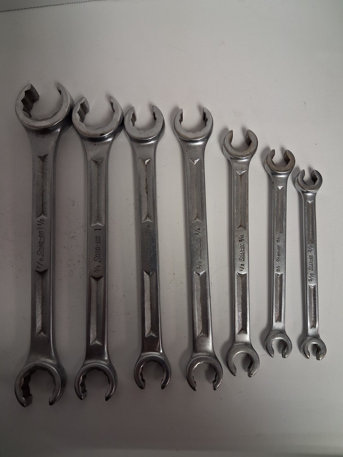 Snap On SAE Flare Nut and Open End Line Wrench Set 7 piece 7/8 9/16 1/2 7/16 3/8