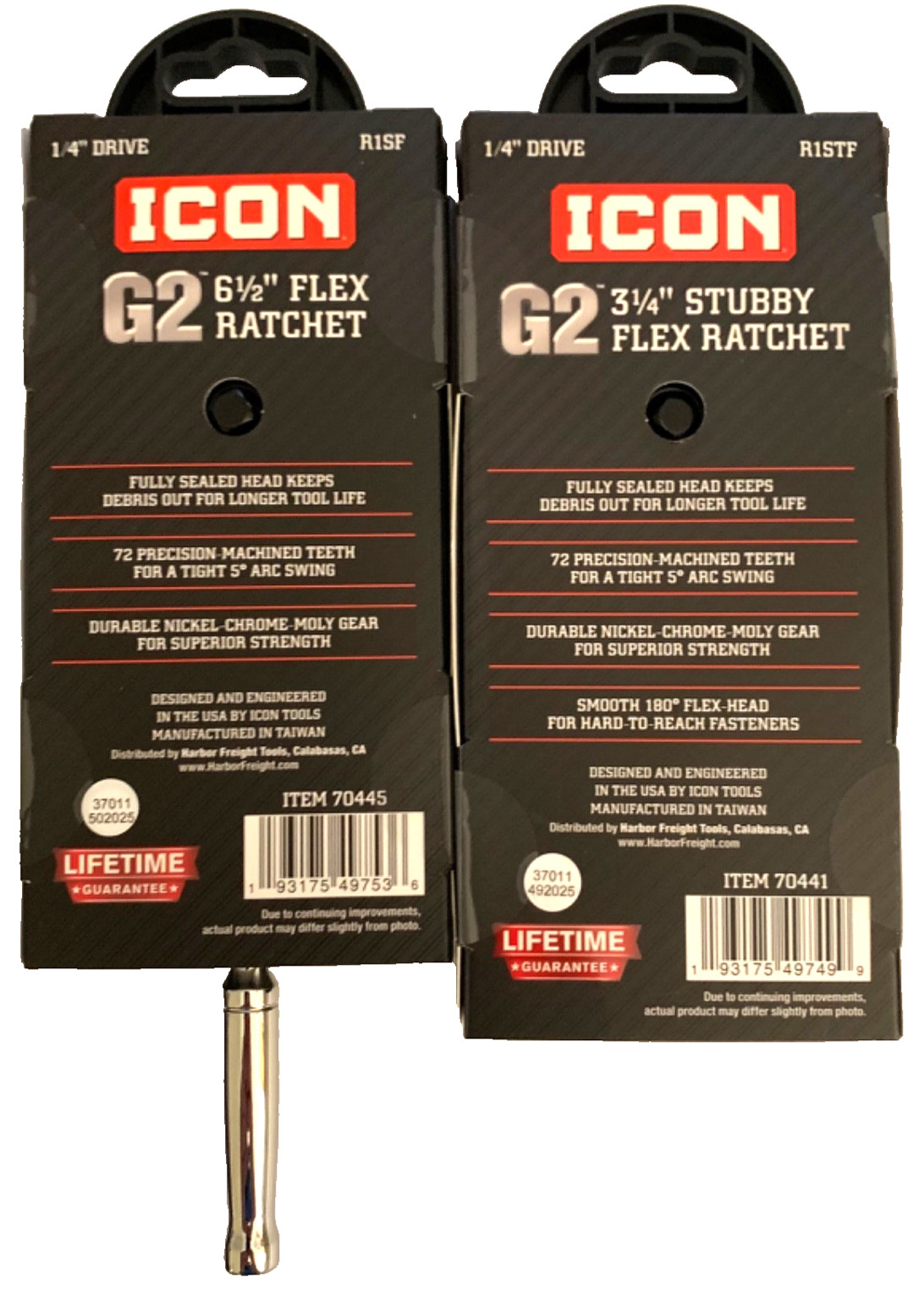 ICON (70441 & 70445) G2 *Lot Of 2* 1/4” Drive Stubby 3-1/4″ & 6.5″ Flex Ratchets