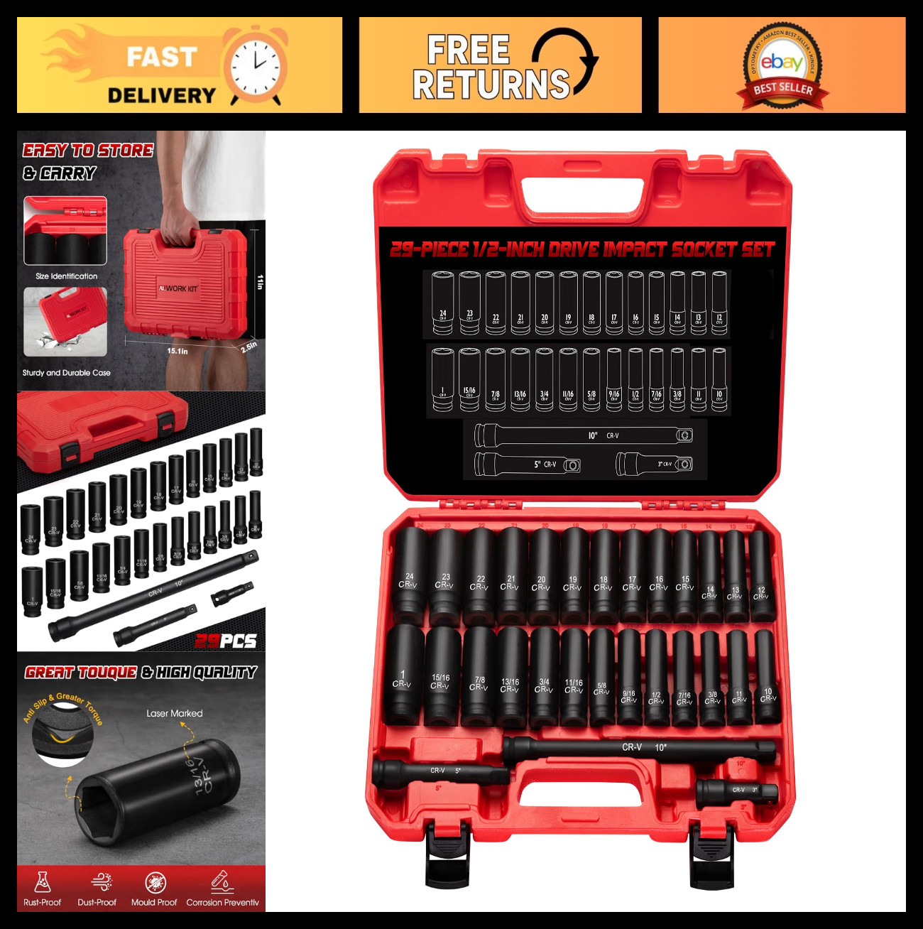 29-Piece 1/2″ Drive Impact Socket Set, Deep SAE & Metric Sockets with Extension