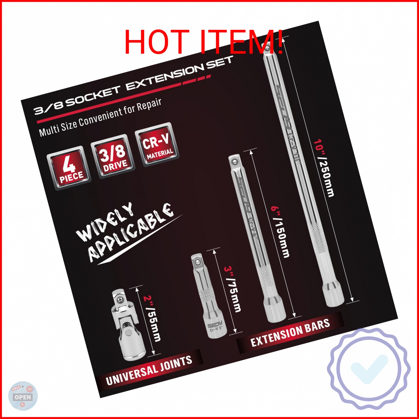 4-Piece 3/8″ Drive Socket Extension Bar Set, Professional Socket Extension Set I