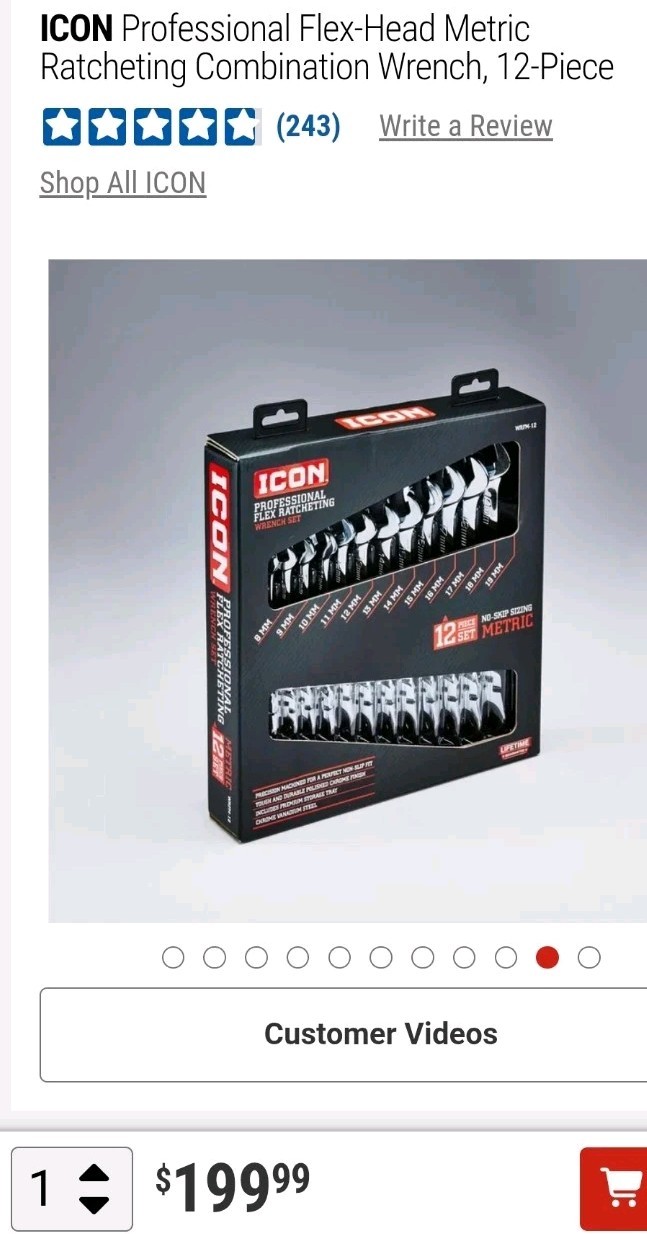 ICON Professional Flex-Head Ratcheting Combination Wrench 12-Pc 56427 WRFM-12