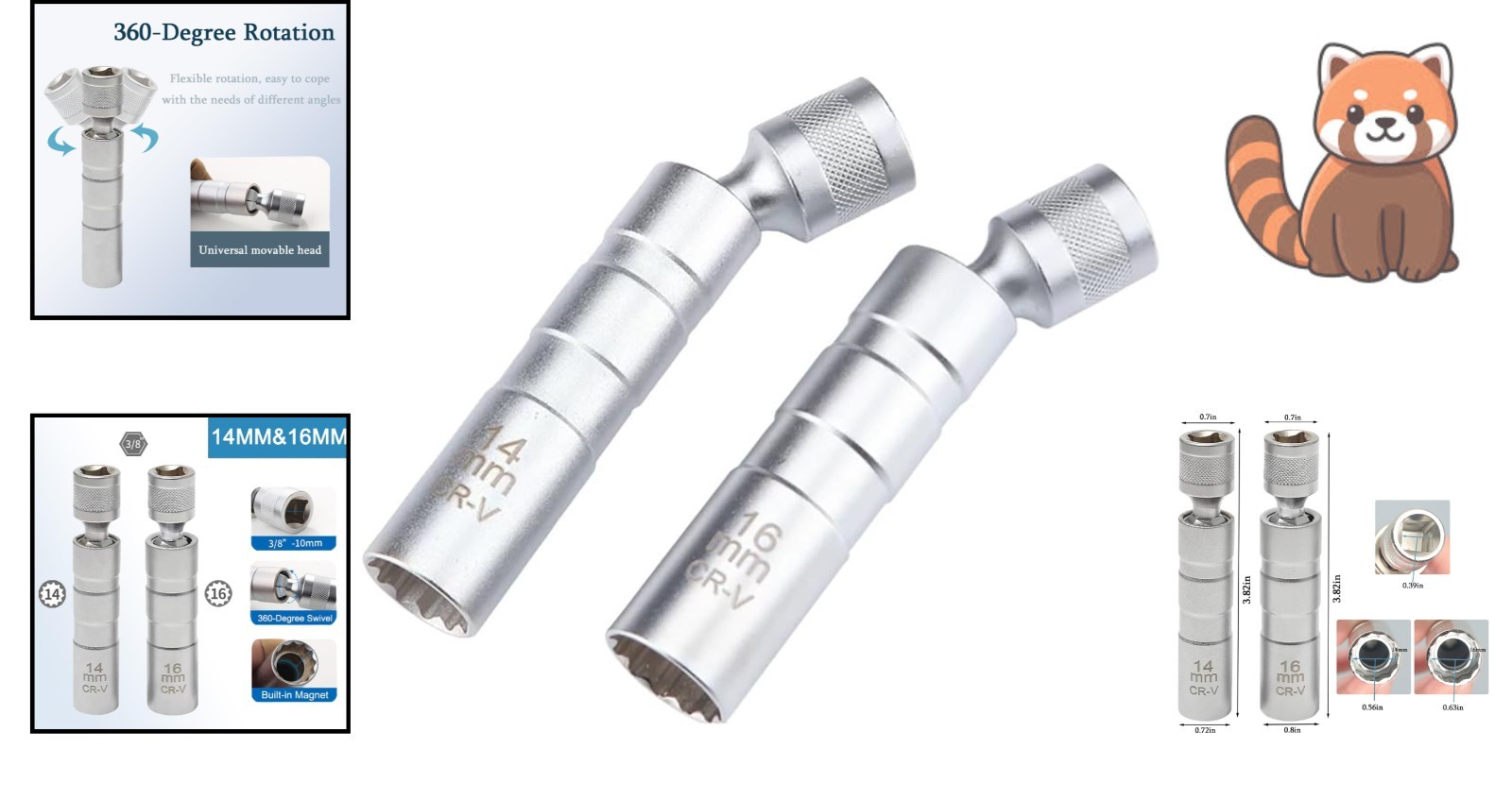 2PC Magnetic Swivel Spark Plug Socket Set – 14mm & 16mm, 360-Degree Design