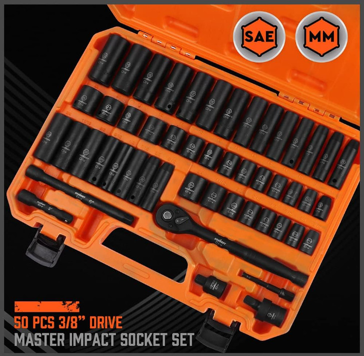 3/8″ Drive Impact Socket Set, 50PC SAE & Metric 6-Point, Ratchet & Extensions