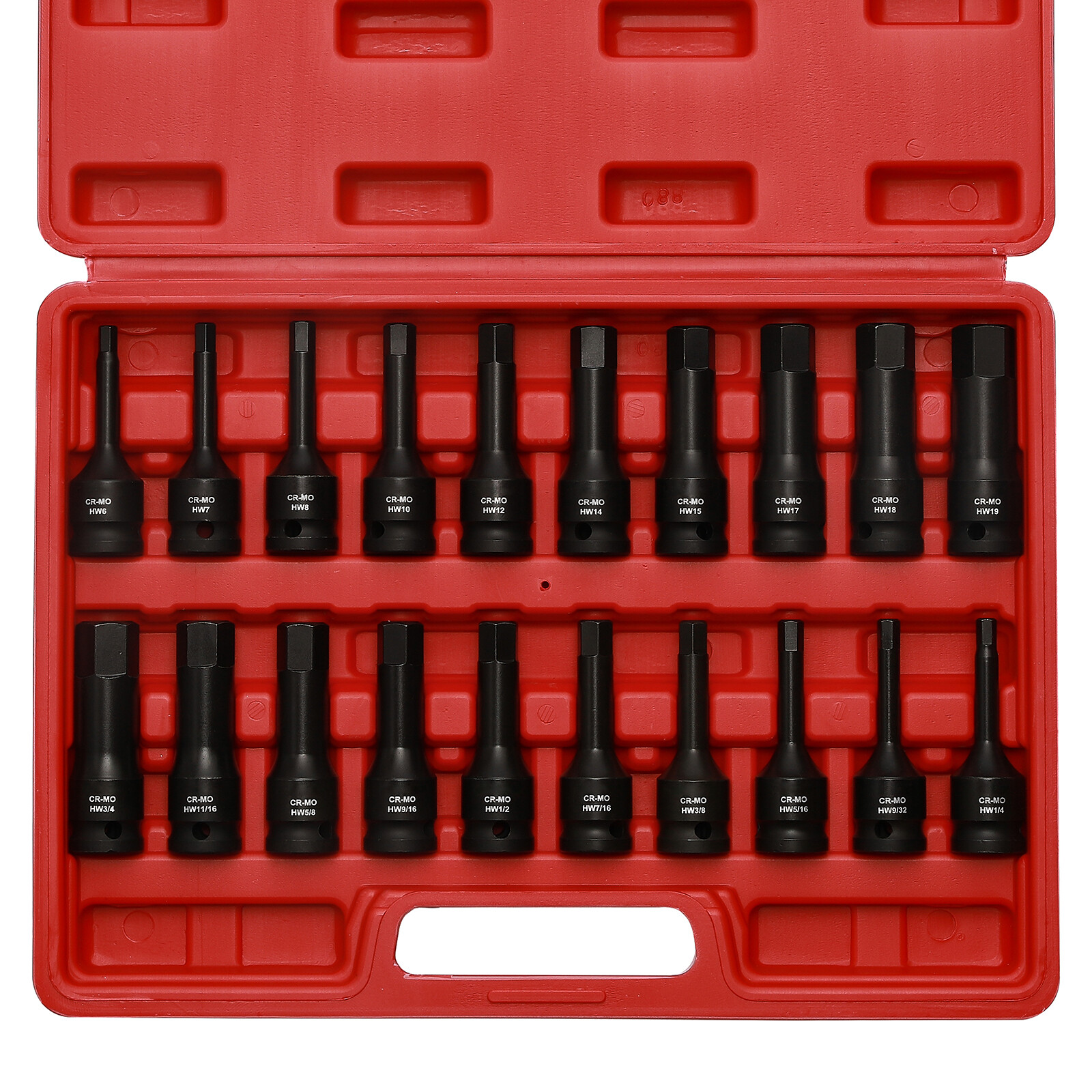 1/2″ Drive Master Impact Hex Bit Set SAE 1/4″-3/4″,Metric 6mm-19mm Cr-Mo