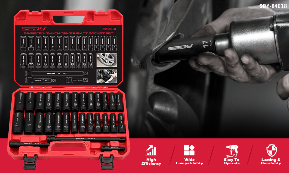 29Pcs 1/2″ Drive Deep Impact Socket Set with Extension Bars SAE and Metric CR-V