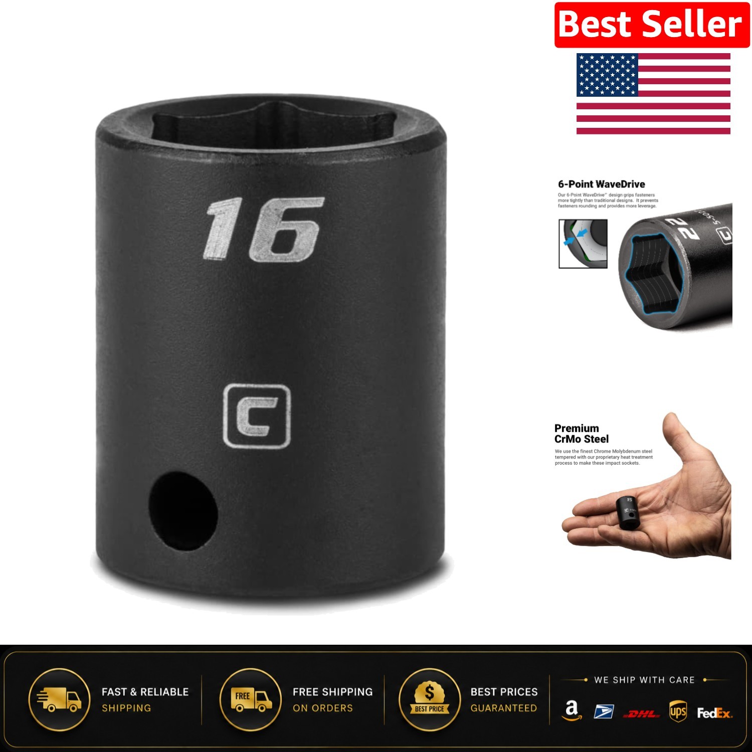 Professional 16 mm Impact Socket, 3/8-Inch Drive, Corrosion-Resistant Coating
