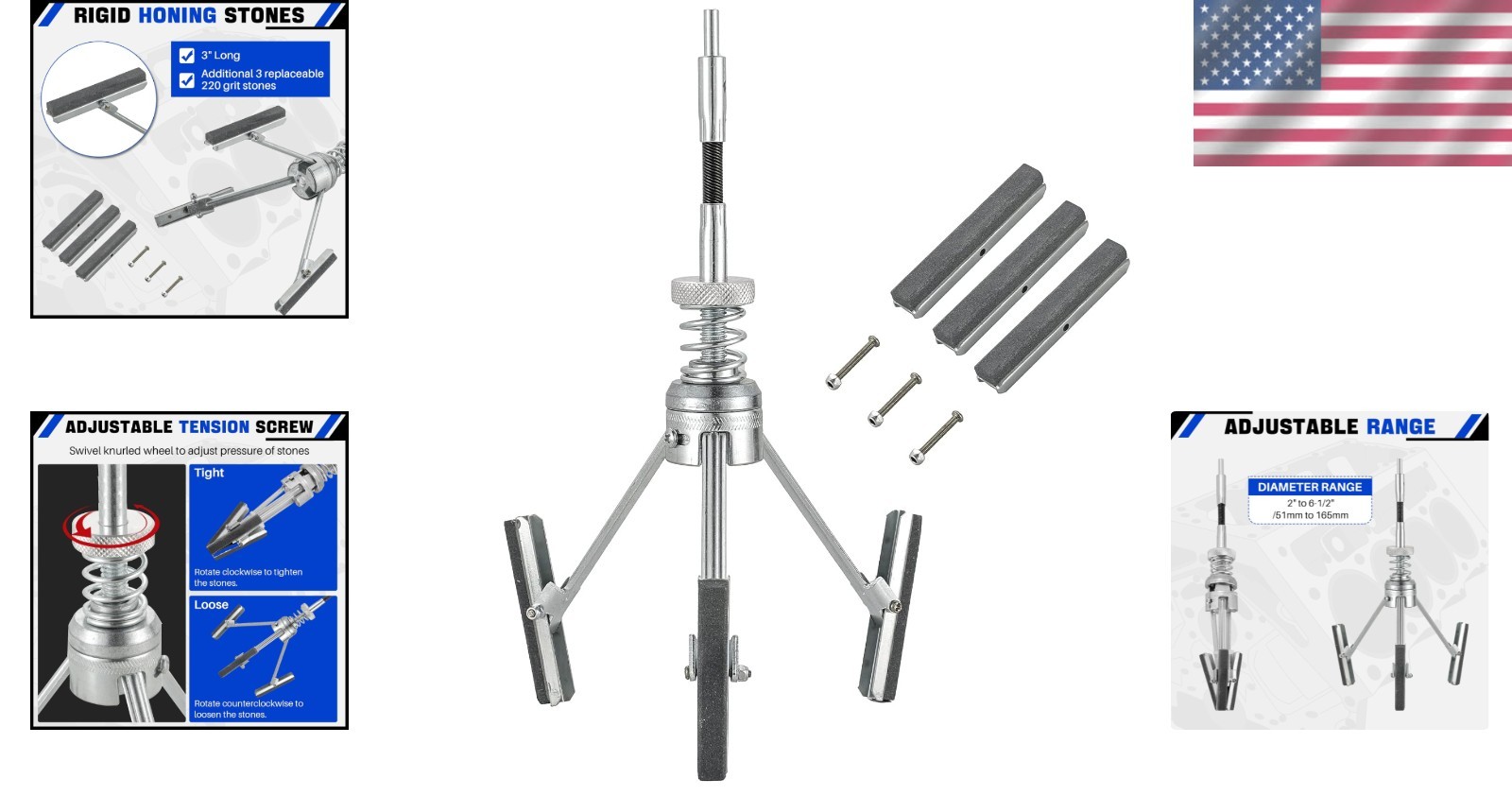 Durable Engine Cylinder Hone Tool 2″-6.5″ Diameter with Replaceable Stones