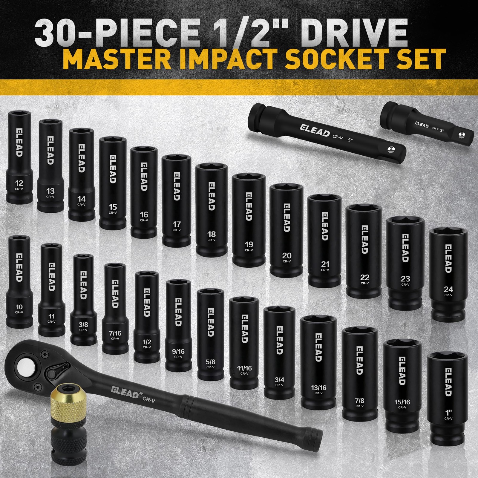 ELEAD 1/2″ Drive Deep Impact Socket Set: 30pcs 1/2» Set