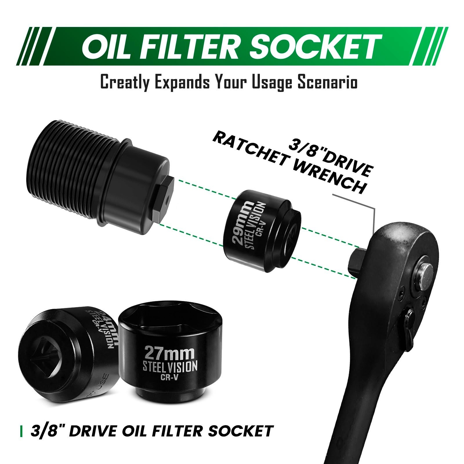 5-Piece Low Profile Oil Filter Socket Set, 3/8″ Drive, Metric 24mm-36mm, Chrome