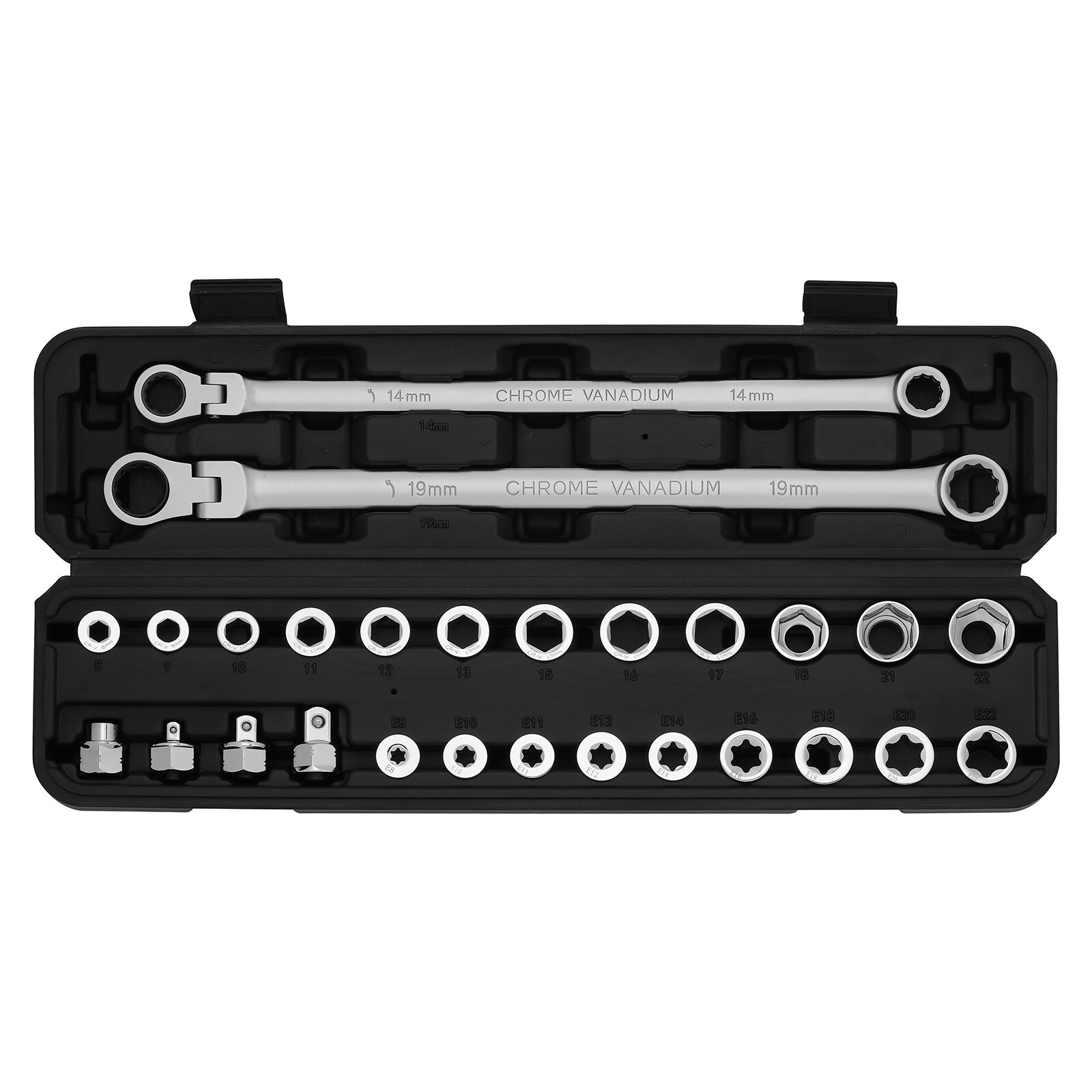 27PCS Extra Long Flex Head Ratcheting Wrench Set Double Box End 8mm – 22mm, CR-V