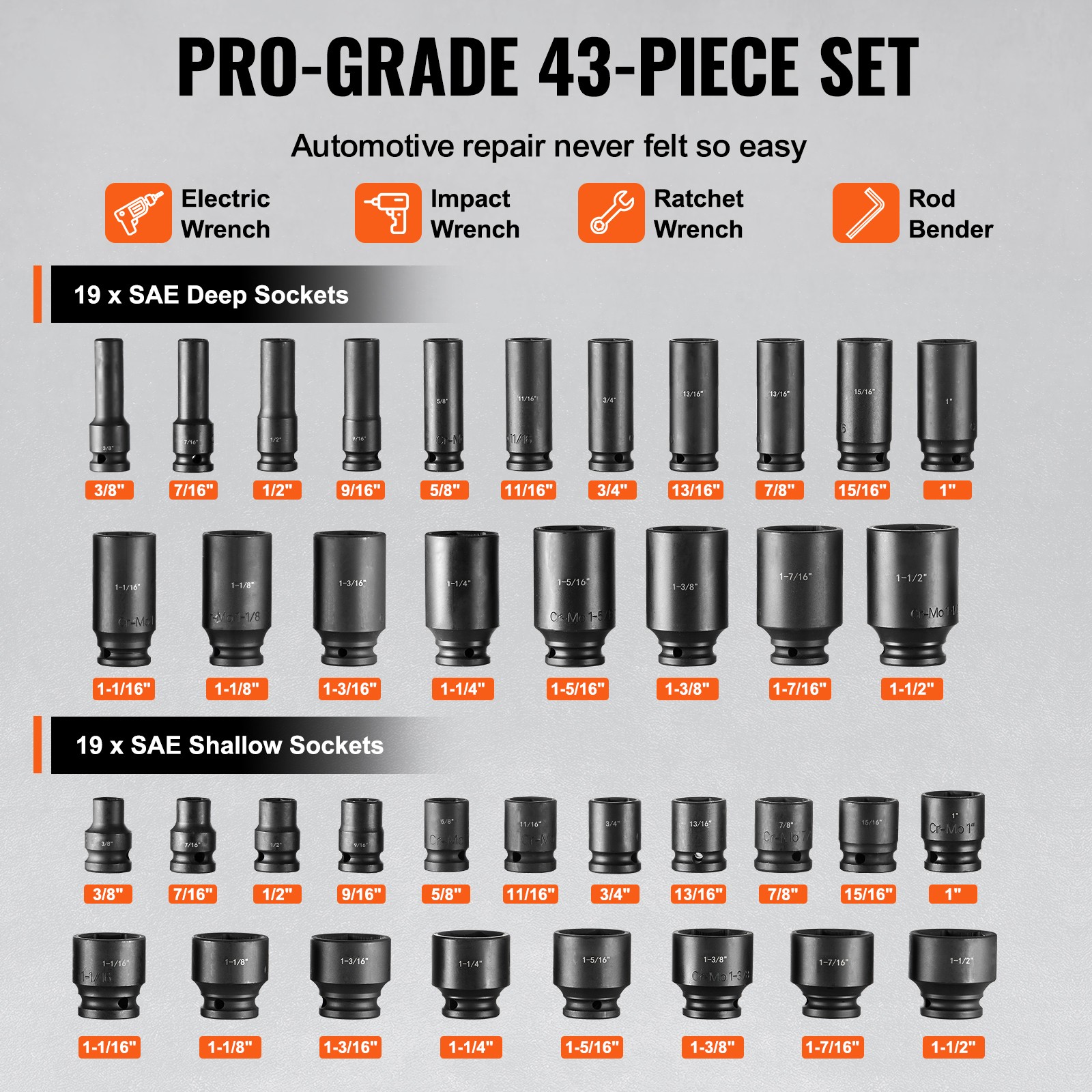 Uimoso 43-Piece 6-Point Impact Socket Set with 1/2in Drive and Ratchet Tool Kit