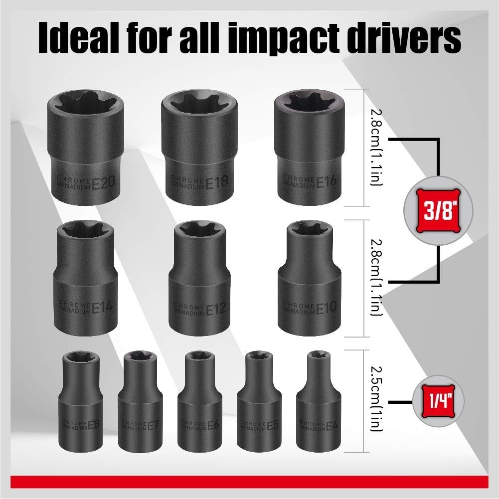 Robust E-Torx Socket Set (11 Pieces) – Essential for Mechanics & DIY Enthusiasts