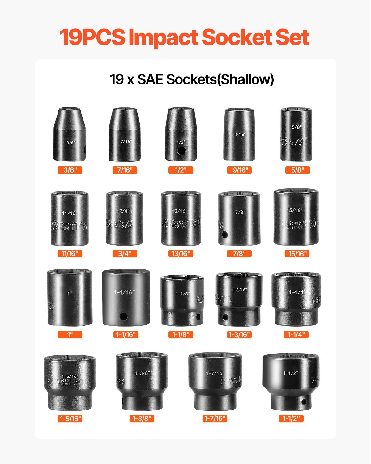 Impact Sockets Set 1/2 Inches 19 PCS 3/8» to 1-1/2» SAE 6-Point Extension Bar