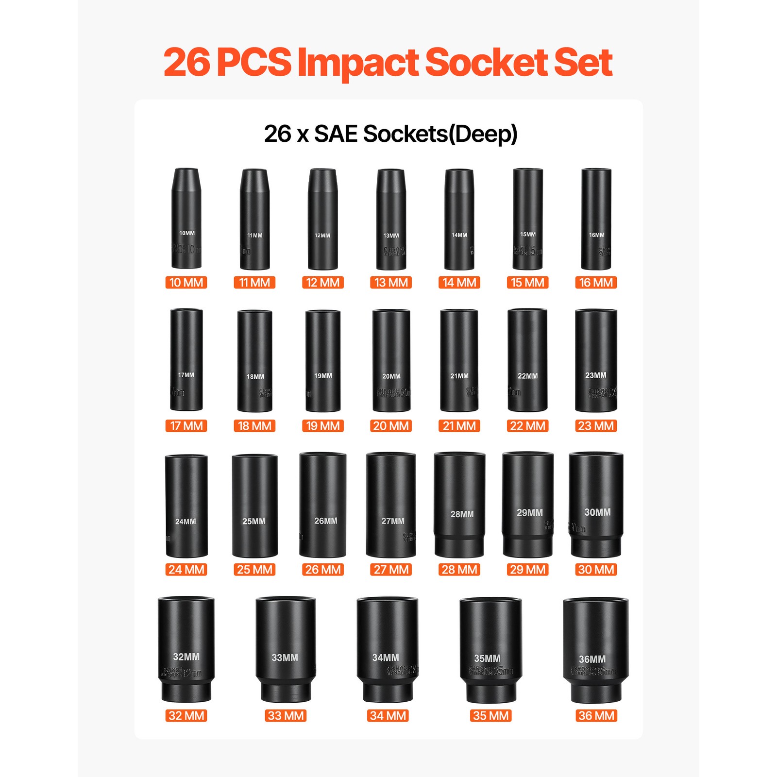 Uimoso 26-Piece 1/2″ Drive Impact Socket Set with 6-Point Design and Case