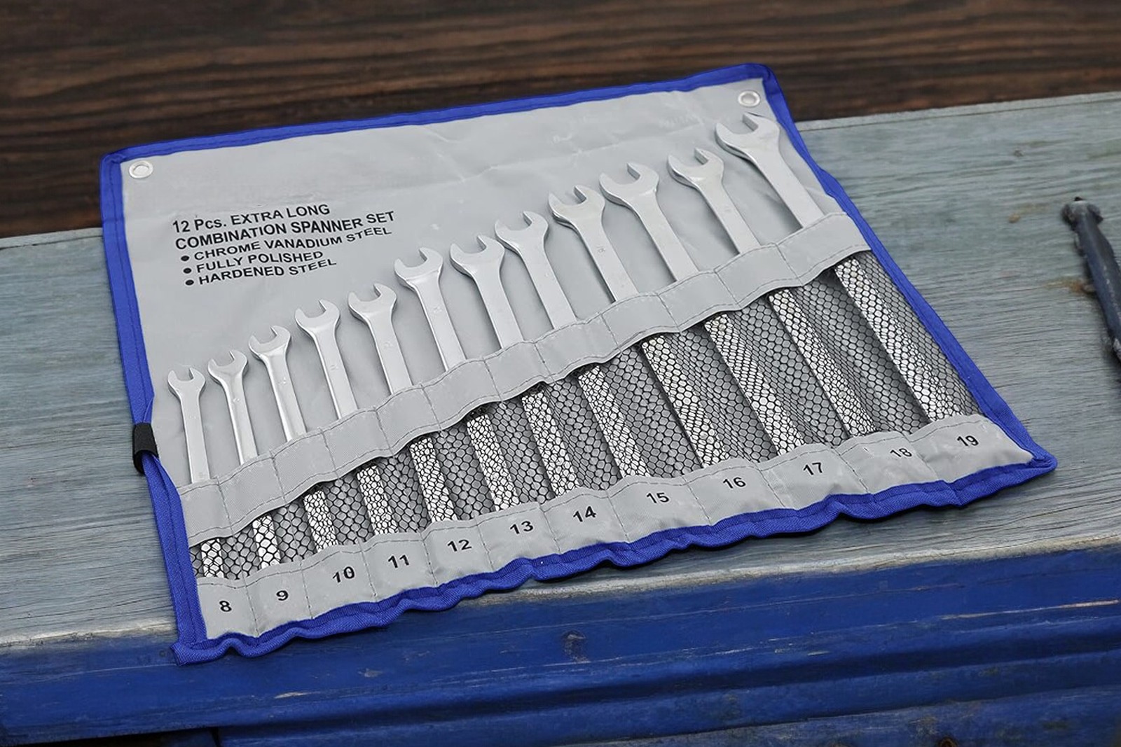 12pc Combination Spanner Set Extra Long 8-19mm Metric Wrenches Open Ring + Roll