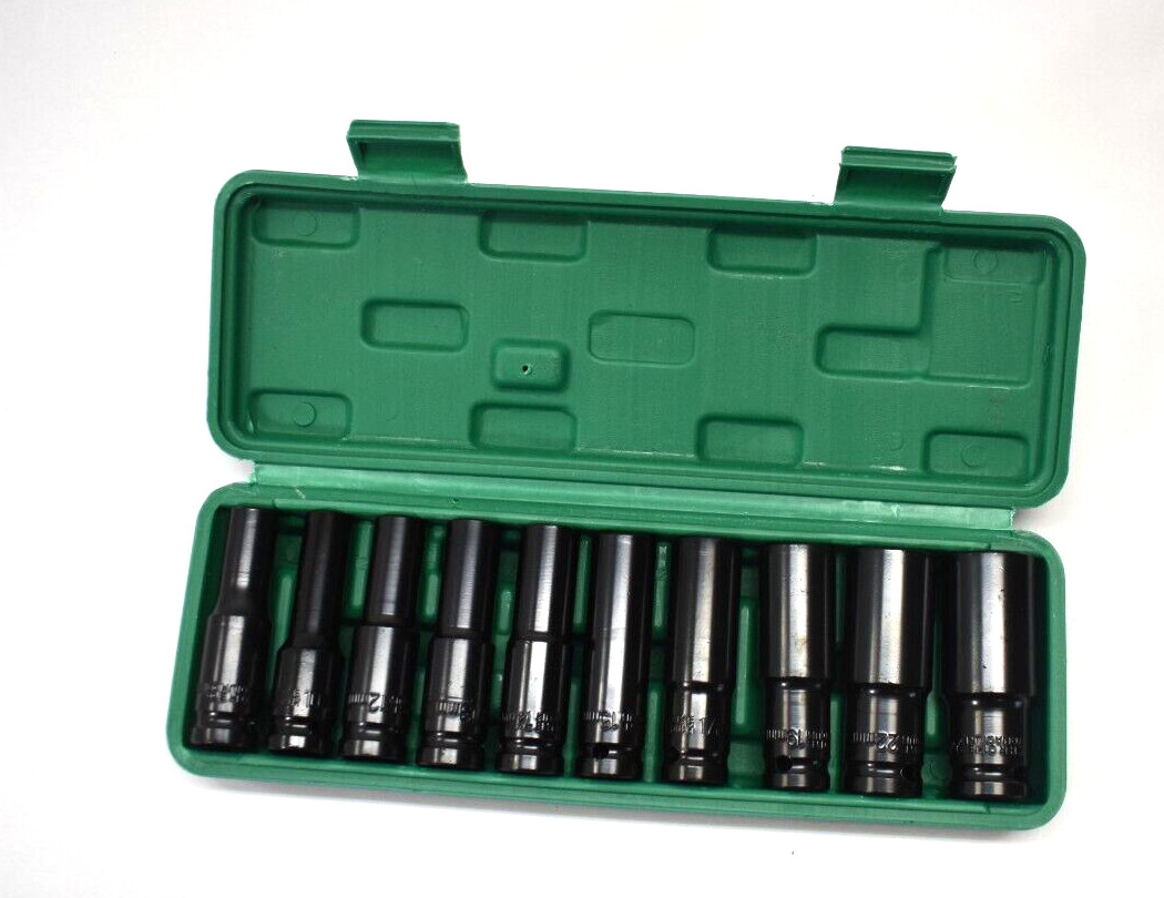 10 Piece Socket Set Black Finish Tools Assorted Long Neck Tools w Green Case