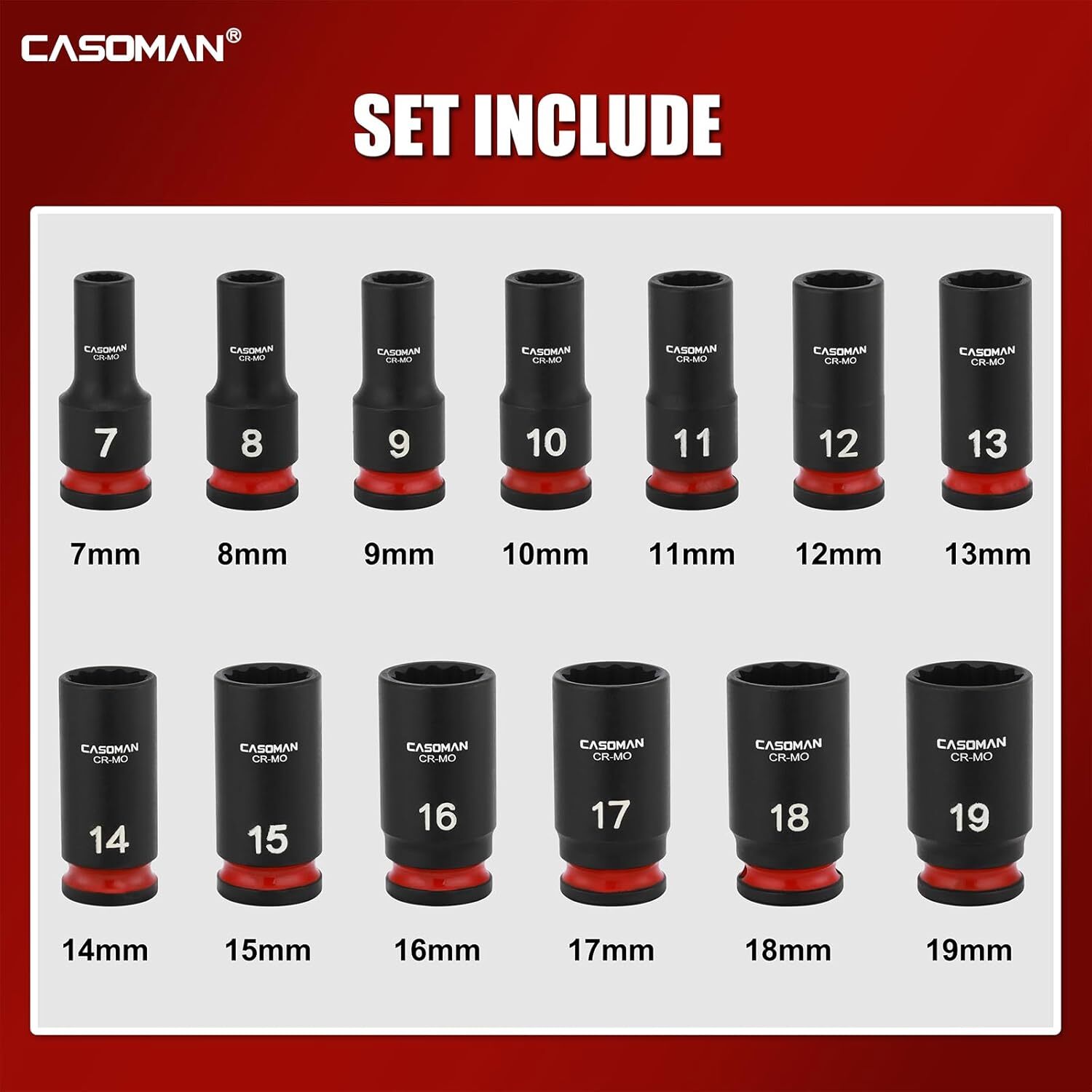 13 PCS 3/8″ Drive Mid-Length Impact Socket Set 12-Point Metric 7mm-19mm CR-MO