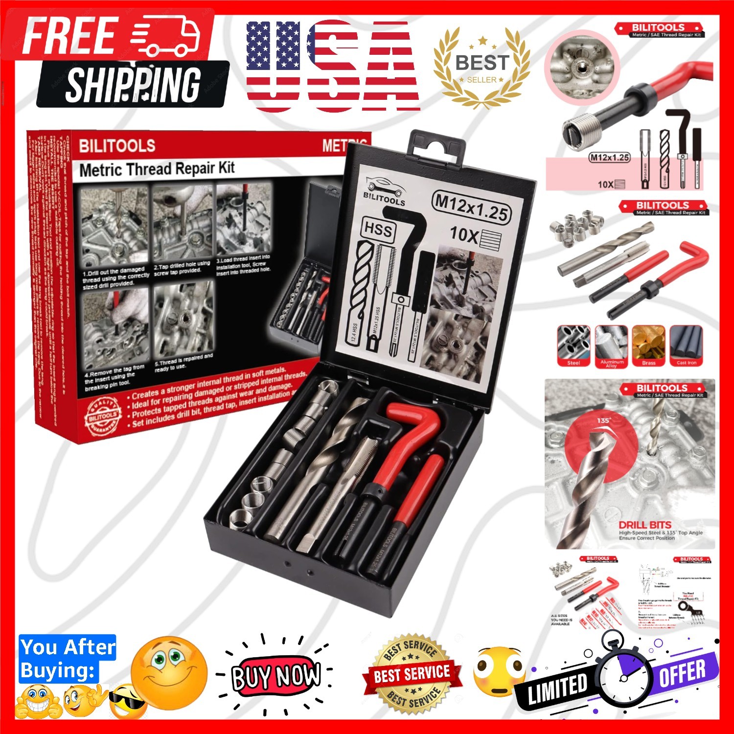 M12x1.25 Thread Repair Kit, HSS Drill Helicoil Repair Kit Metric