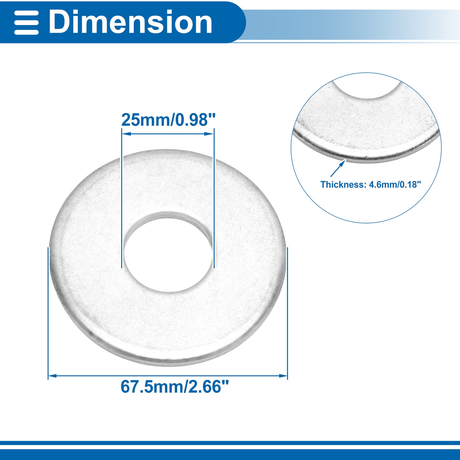 For universal flat washers 25mm ID 67.5mm OD silver steel 5pcs