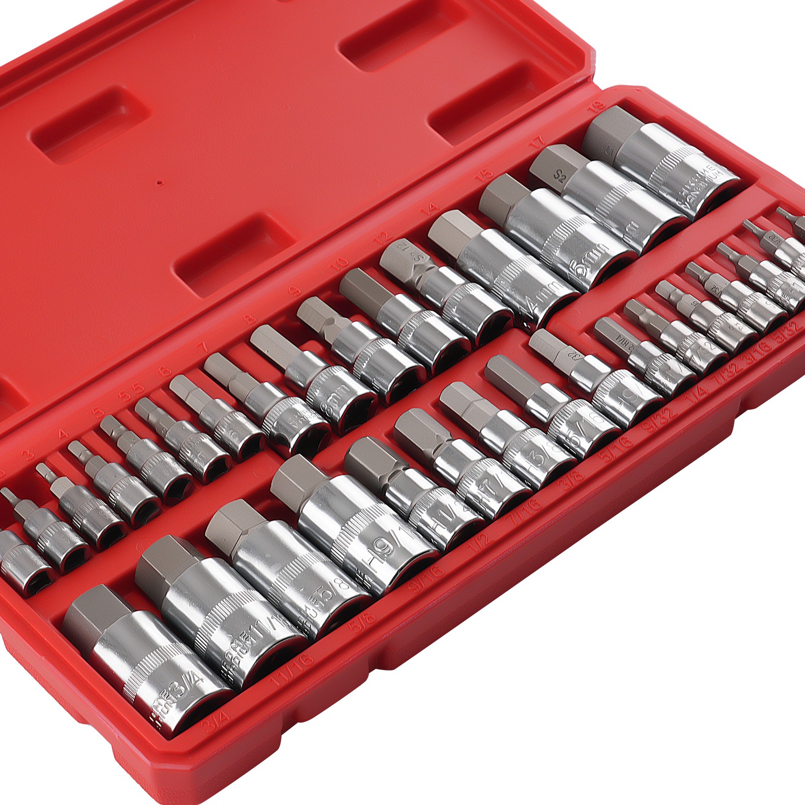 Chrome Hex Bit Socket Set 32 Pieces S2 Steel 1/4 3/8 1/2 Drive Metric