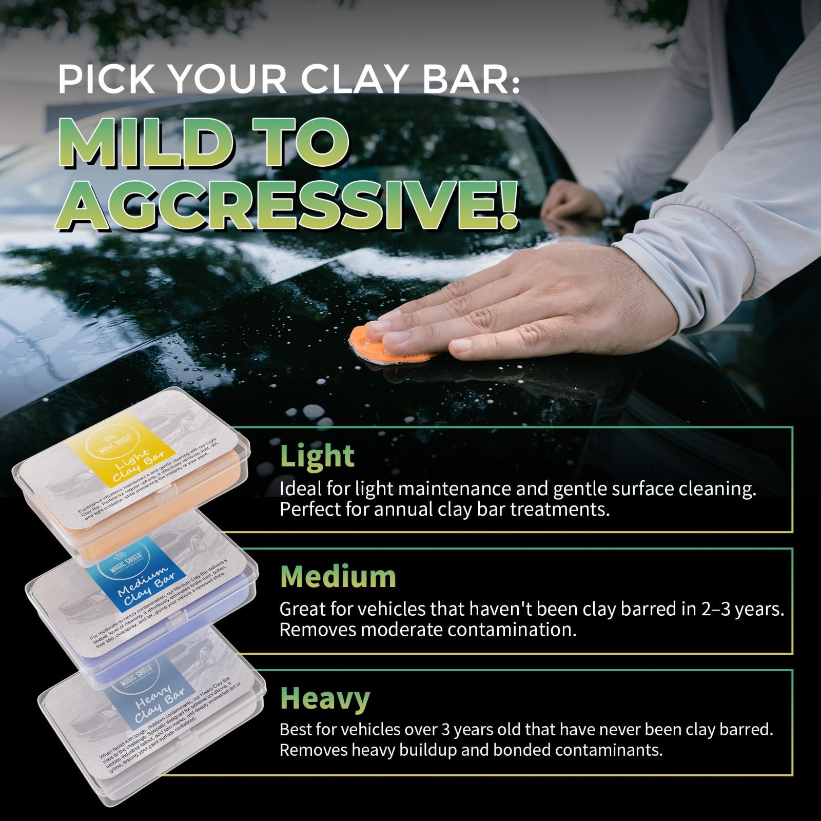 Triple Pack Clay Bars – 100g Light, Medium & Heavy-Duty for Car Detailing – Deep