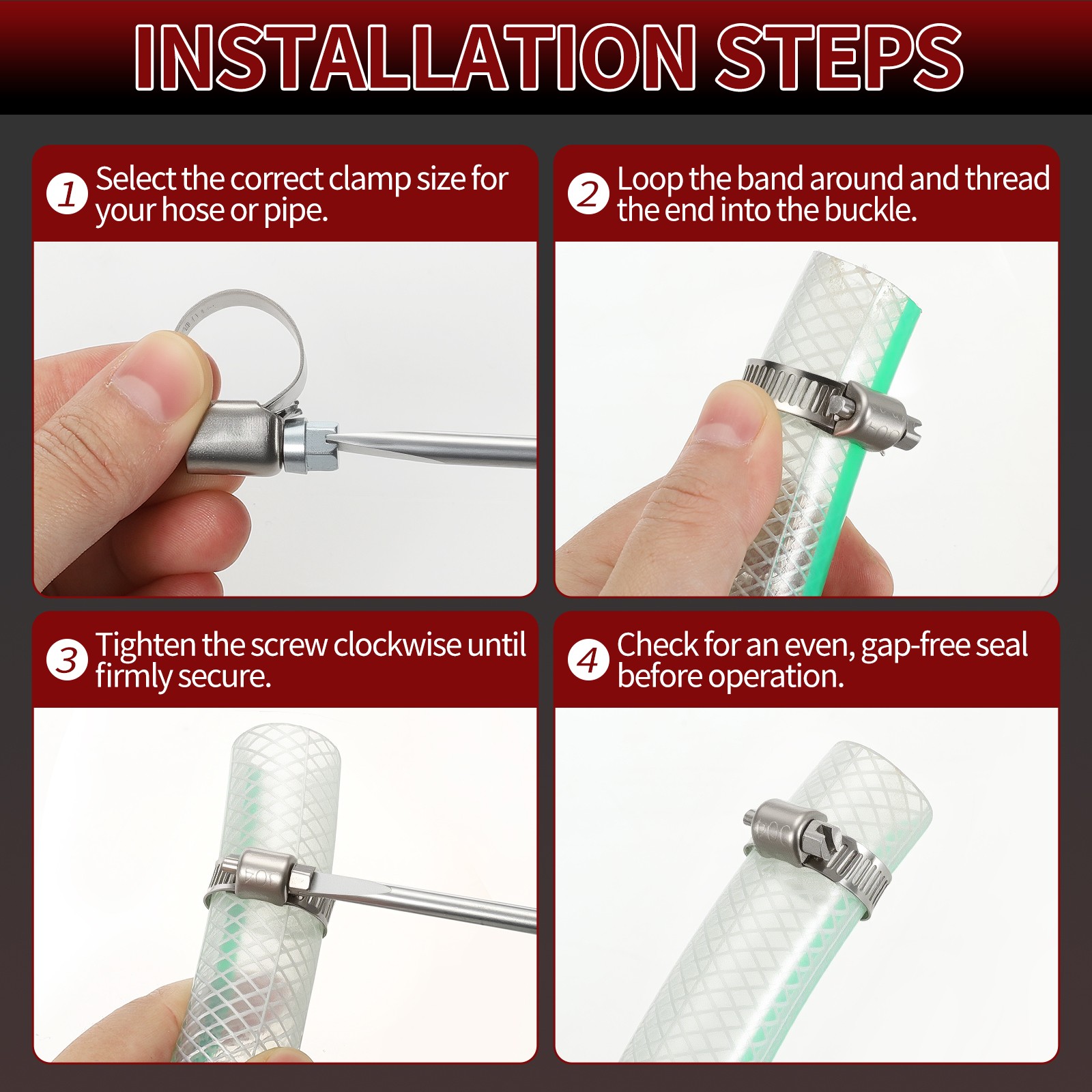 8 Pack Stainless Metal Hose Clamps, Large Adjustable from 0.4″ – 0.6″