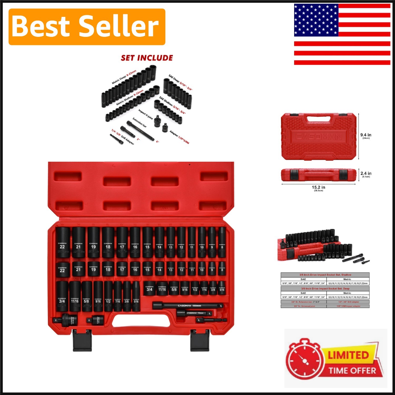 Durable 3/8-Inch Drive Impact Socket Set – 49 Pieces with Tool Case Included