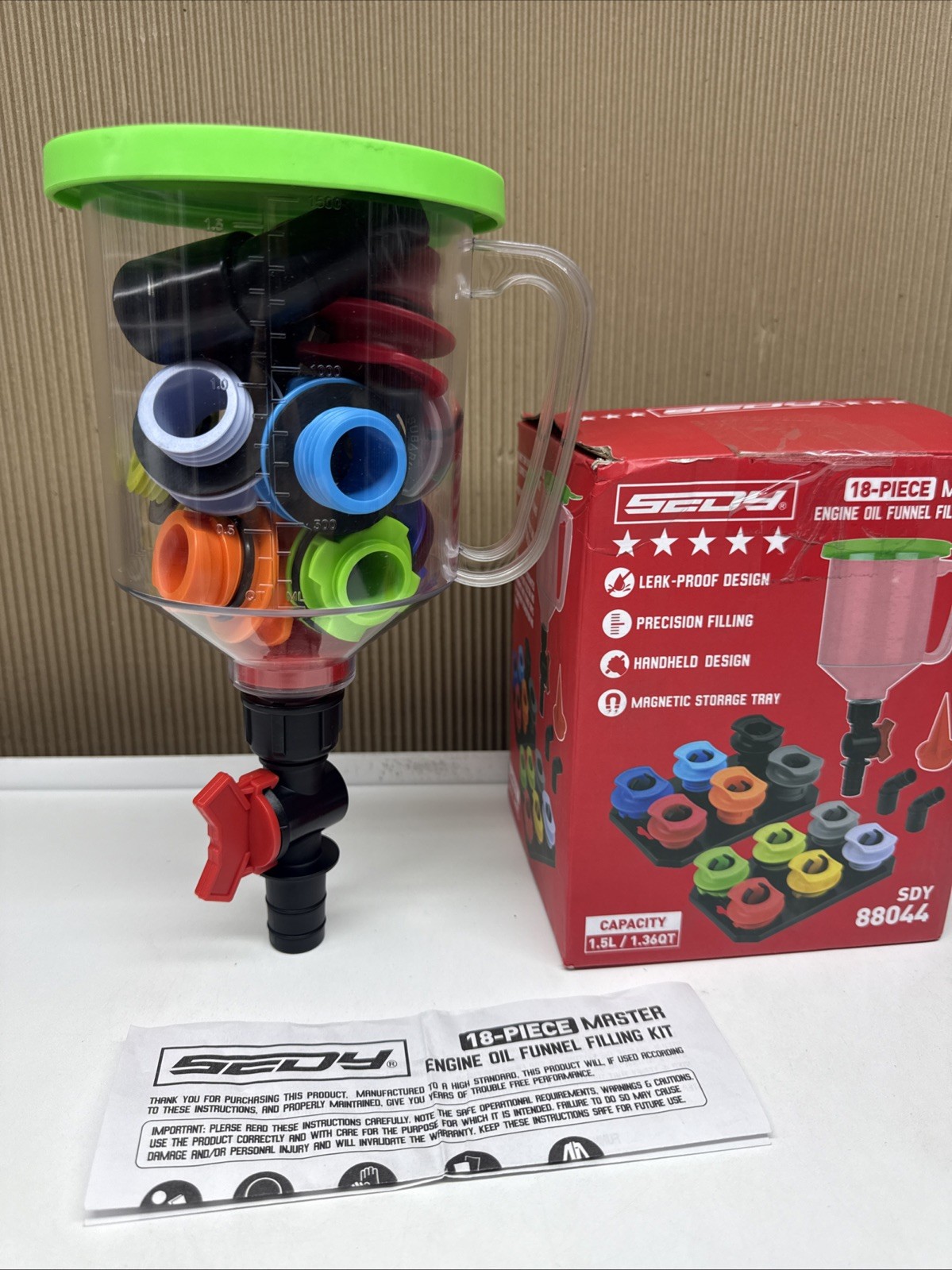 18 PCs Sedy Master Engine Oil Funnel Filling Kit Universal Colour Coded Open Box