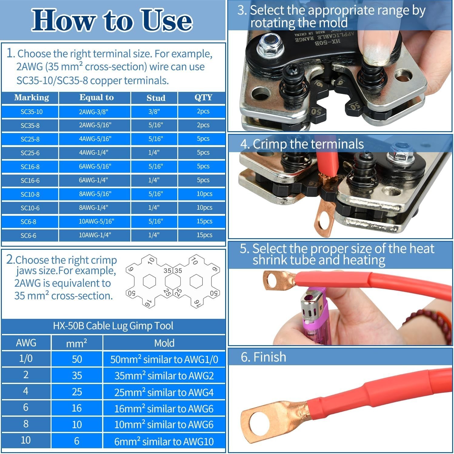 Cable Lug Crimping Tool with 74pcs Copper Wire Lugs, 100pcs Dual Silver/Grey
