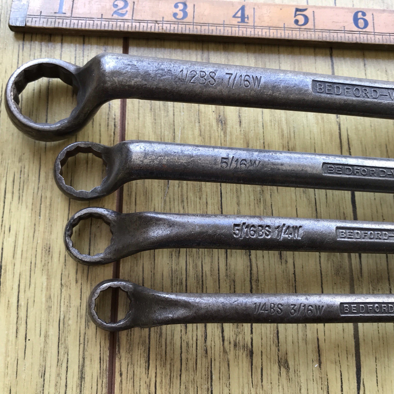4 Vintage Bedford 1950s Ring Spanner’s 7/16” To 1/8” Whitworth. No 4.