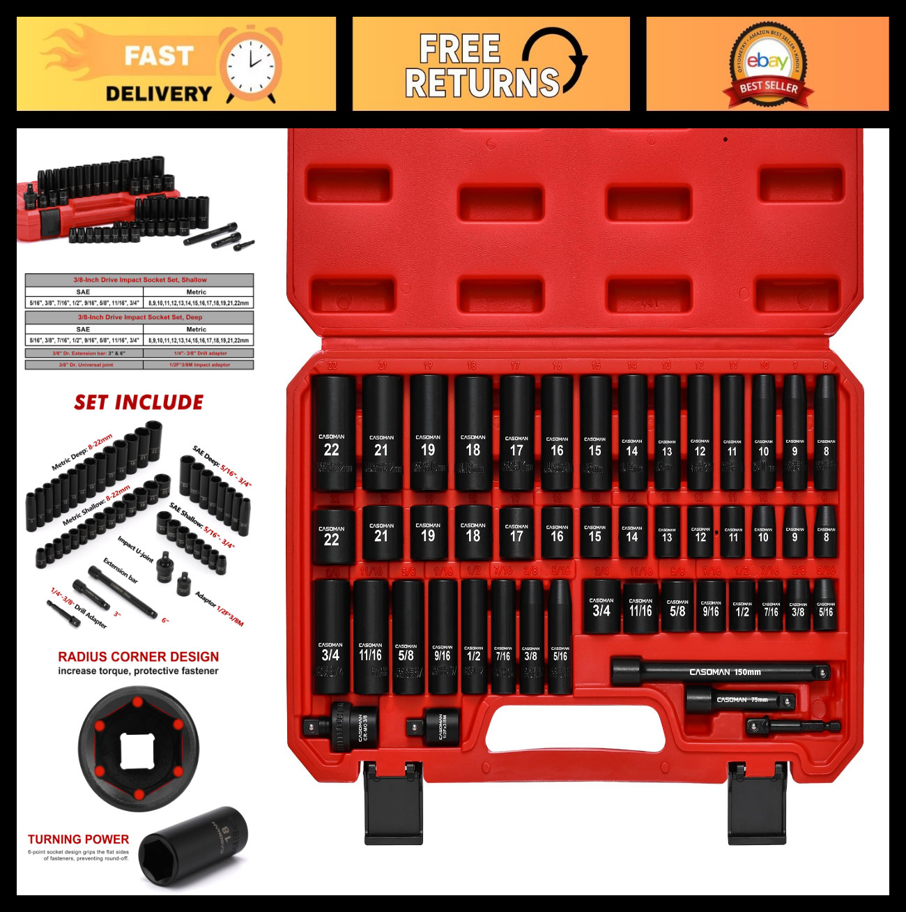 49-Piece 3/8″ Drive Impact Socket Set – SAE & Metric, 6 Point, Cr-V Steel, Durab