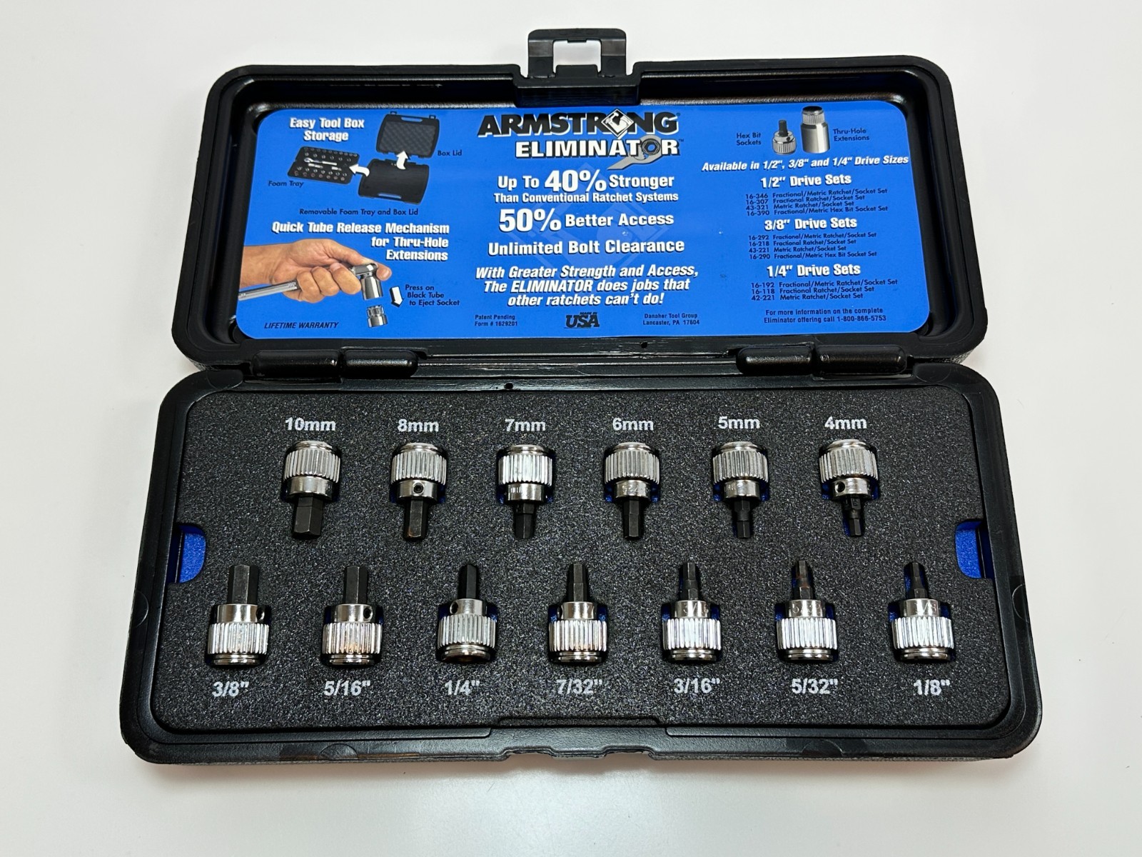 NOS Armstrong Tools USA 13pc 3/8″ Drive SAE Metric Hex Bit Socket Adapter Set