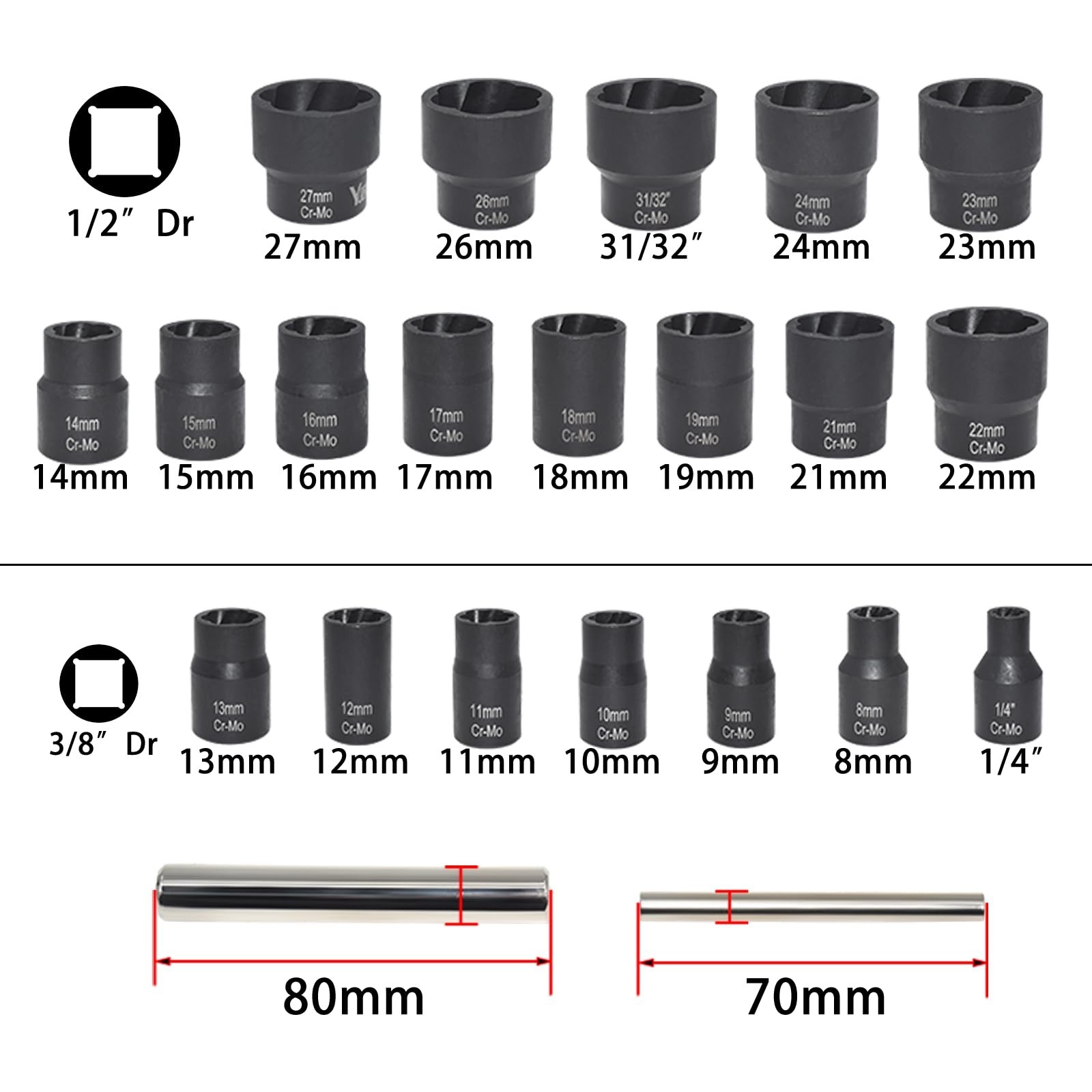 22 Pcs Bolt Nut Extractor Set – Wheel Lock Removal Kit for Stripped Nuts & Screw