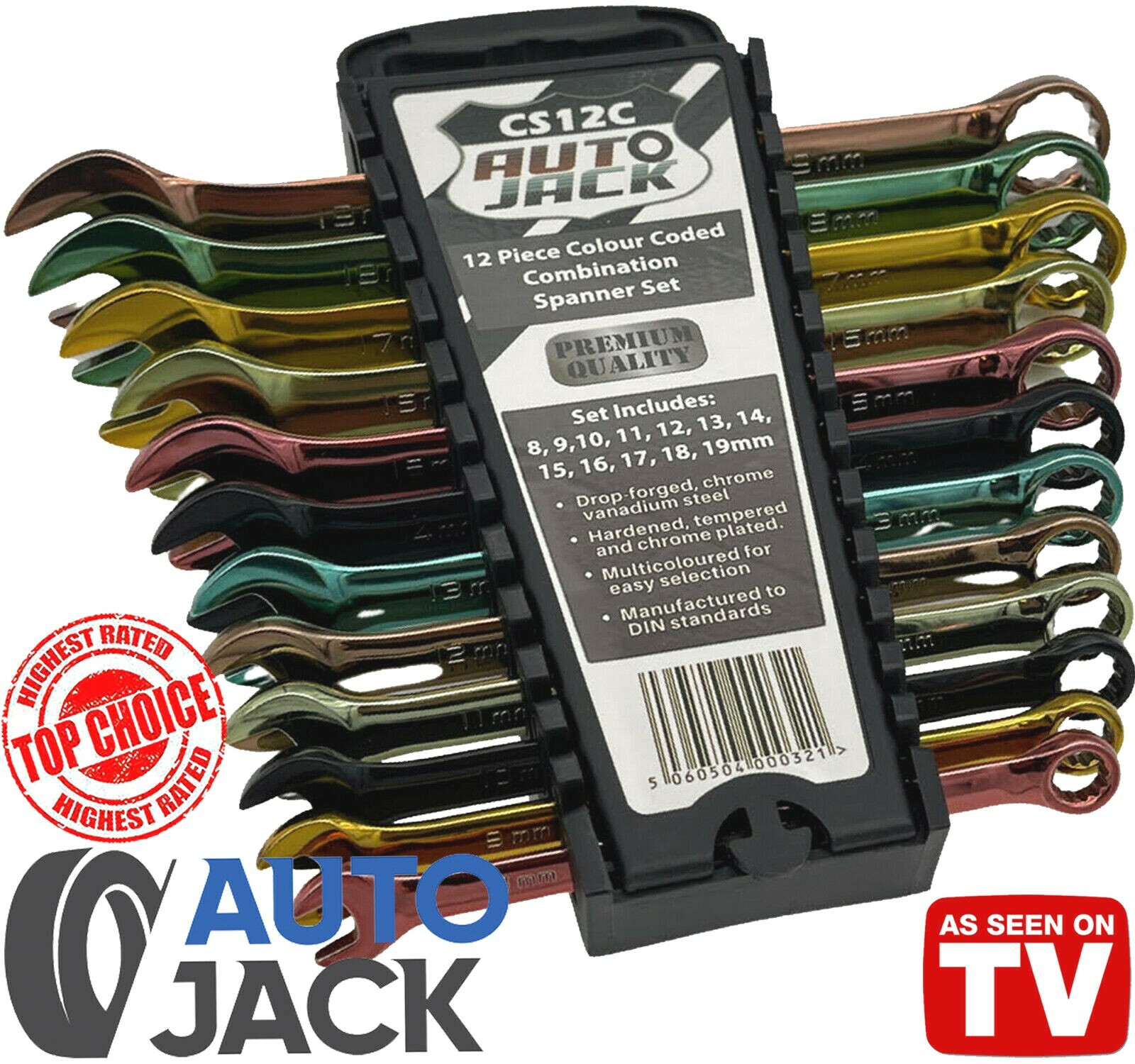 Multi Coloured Combination Spanner Set Metric 12 Pc with Storage Rack Autojack