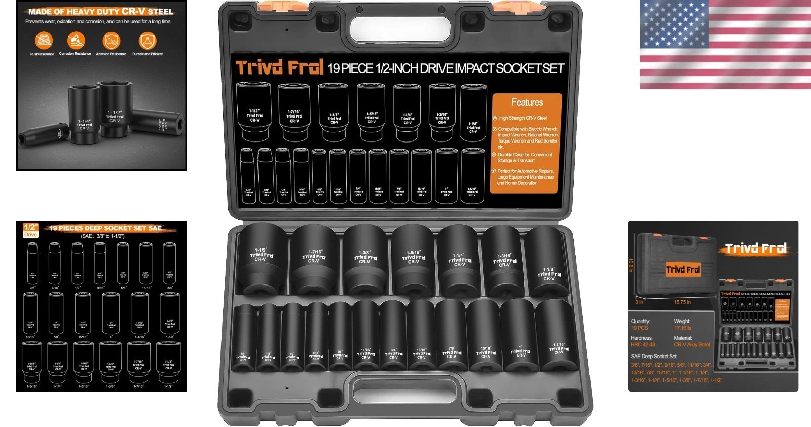 SAE Impact Socket Set – 1/2″ Drive, 19pc Deep Socket Set 3/8″ to 1-1/2″, Cr-V…